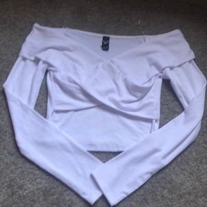 Off the shoulder long sleeve crop top.